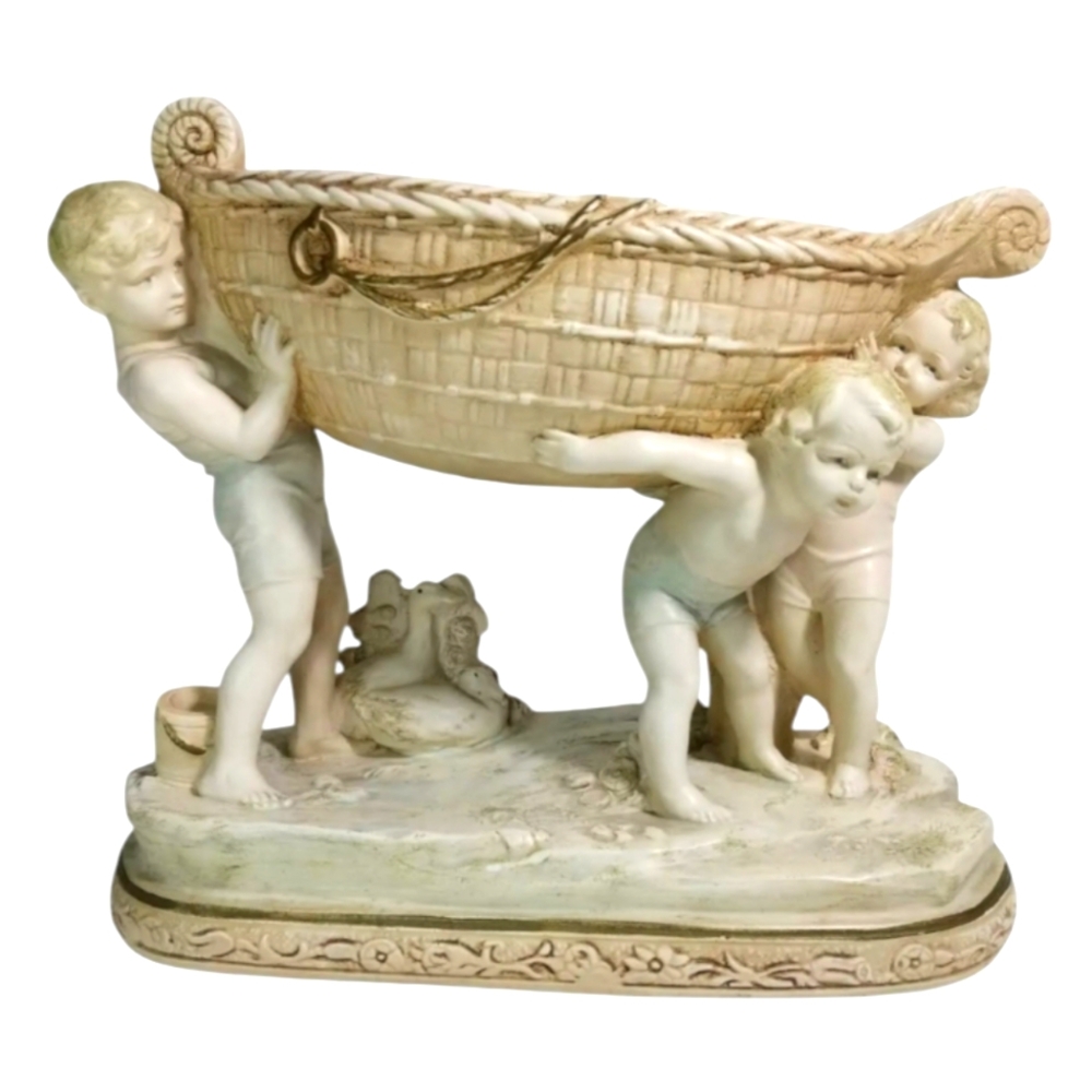 Vtg Signed Alexander Backer Co. Hand Painted Figurine Children Carrying A Boat